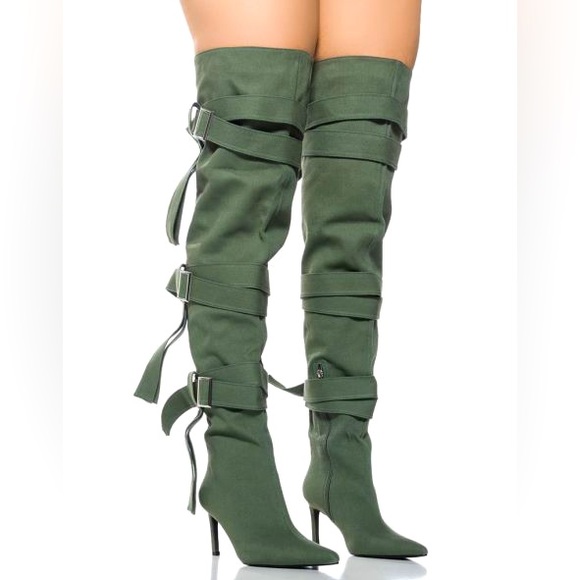 Azalea Wang Green Strappy Utility Thigh High Boot - Picture 1 of 5